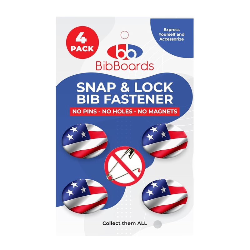 BibBoards مشابك سباق bibSNAPS - مشابك أمان - تأمين رقم السباق، الماراثون، ركوب الدراجات والفعاليات، غير مغناطيسية، سهلة الاستخدام، ناعمة وقابلة لإعادة الاستخدام - بديل للدبابيس والمغناطيس - علم الولايات المتحدة (4 قطع) - Image 1